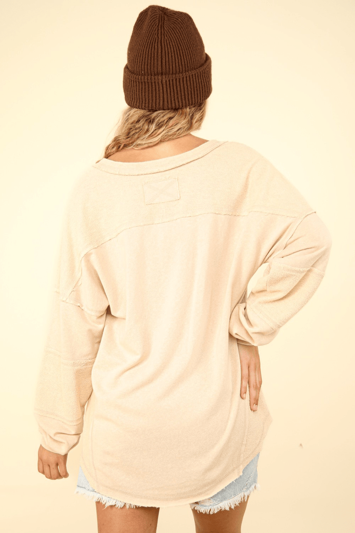 Margot Washed Knit V-Neck Oversized Top in Beige (Online Exclusive)