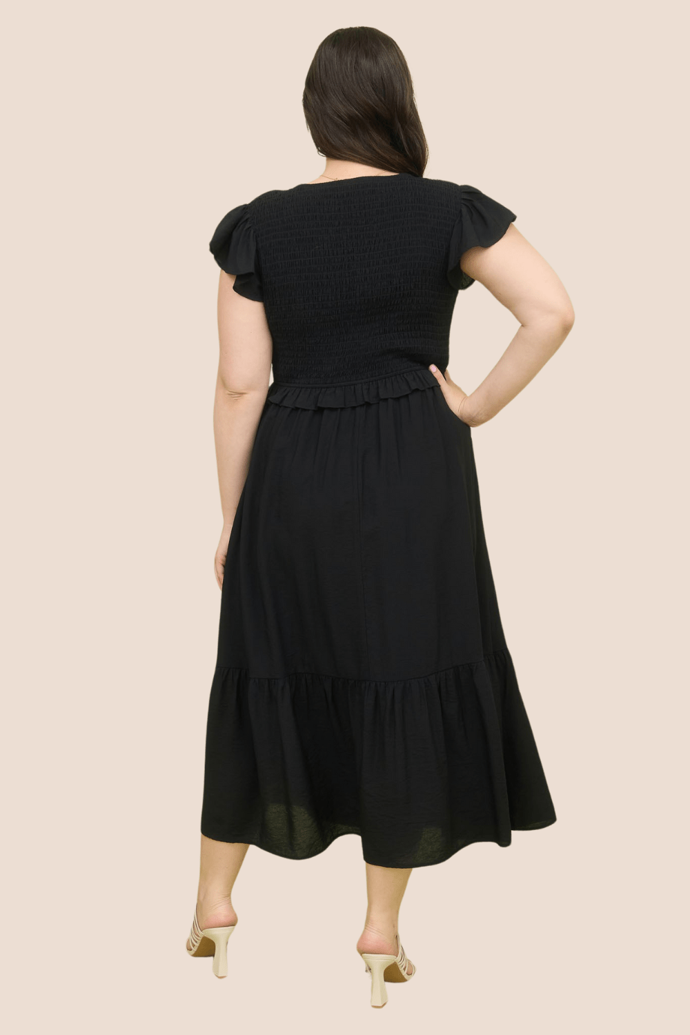 Marie Bow Detail Smocked Ruffled Midi Dress in Black