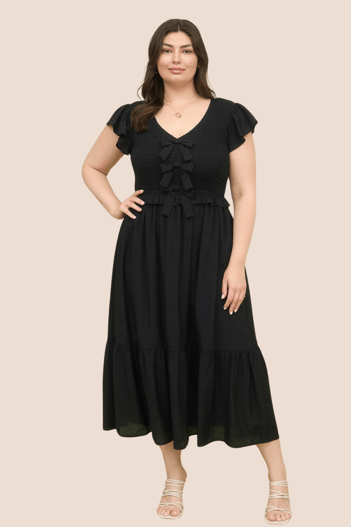 Marie Bow Detail Smocked Ruffled Midi Dress in Black