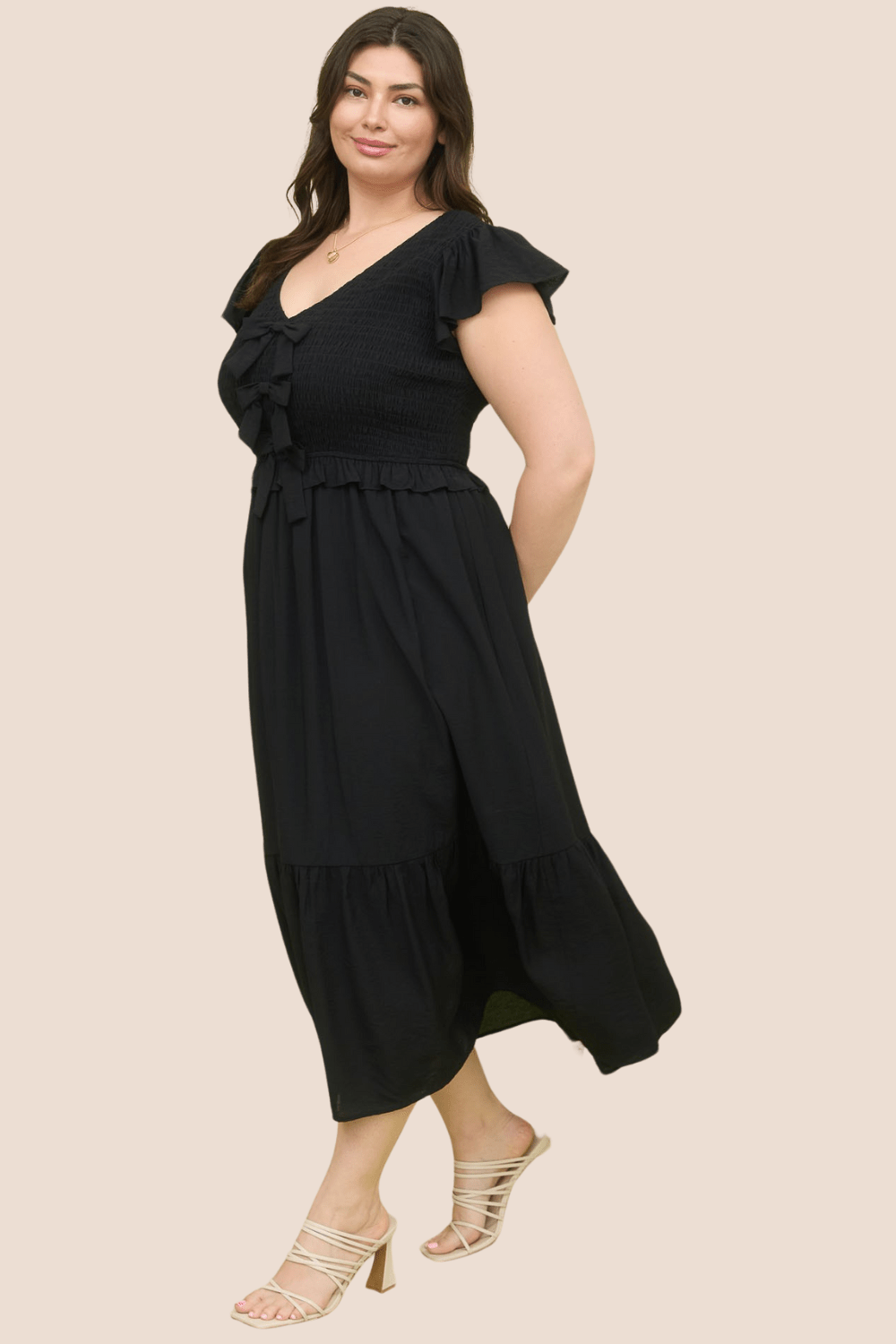 Marie Bow Detail Smocked Ruffled Midi Dress in Black