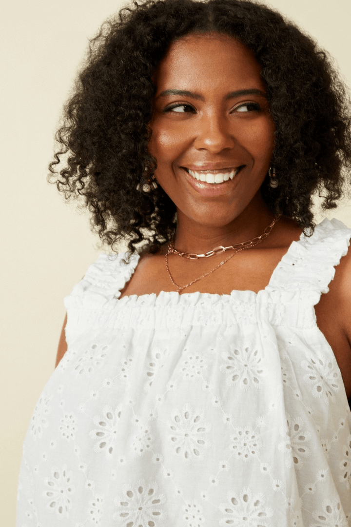 Paige Ruffle Strap Eyelet Detail Scallop Hem Tank in Off White