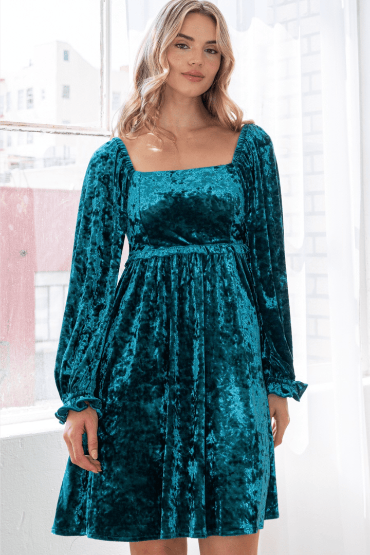 Quinn Velvet Babydoll Square Neckline Mini Dress in Teal (Online Exclusive)