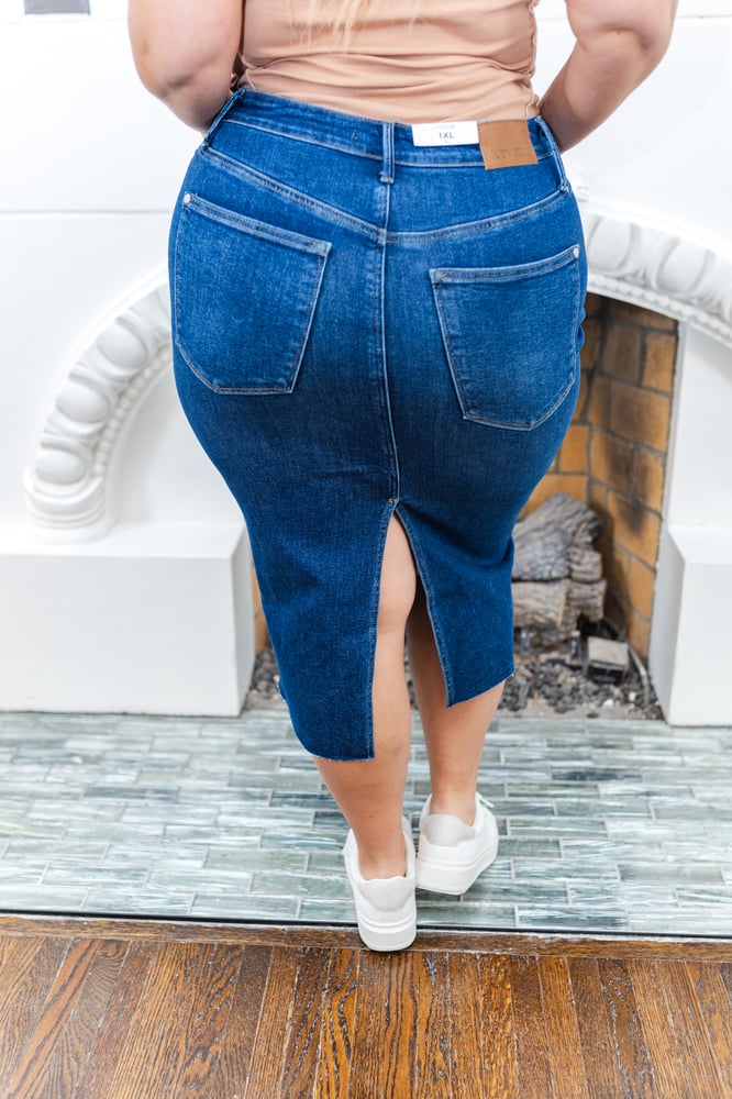 Rachel High Rise Midi Denim Skirt in Dark Wash - FINAL SALE
