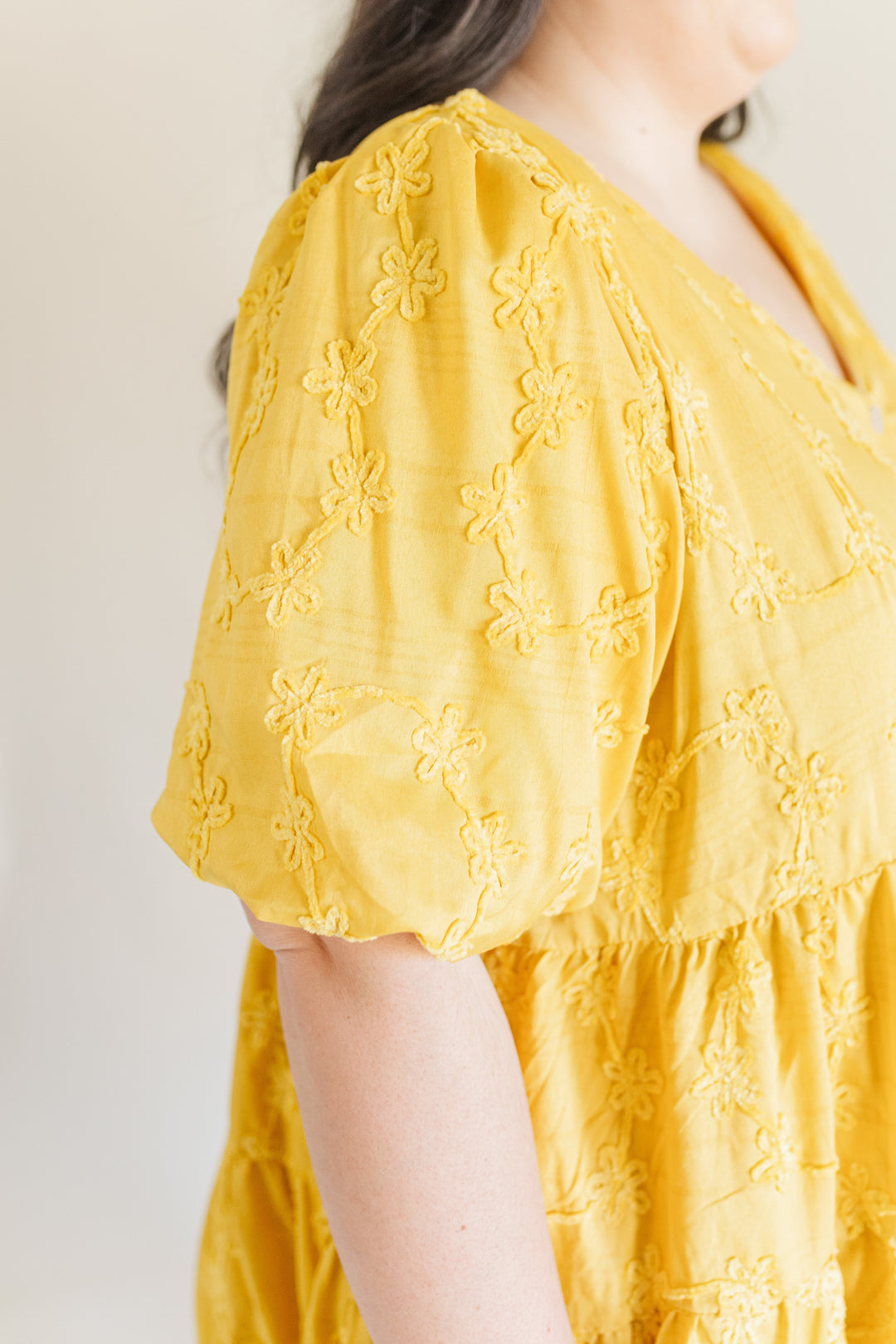 Raine Short Sleeve Embroidered Tiered Dress in Mustard