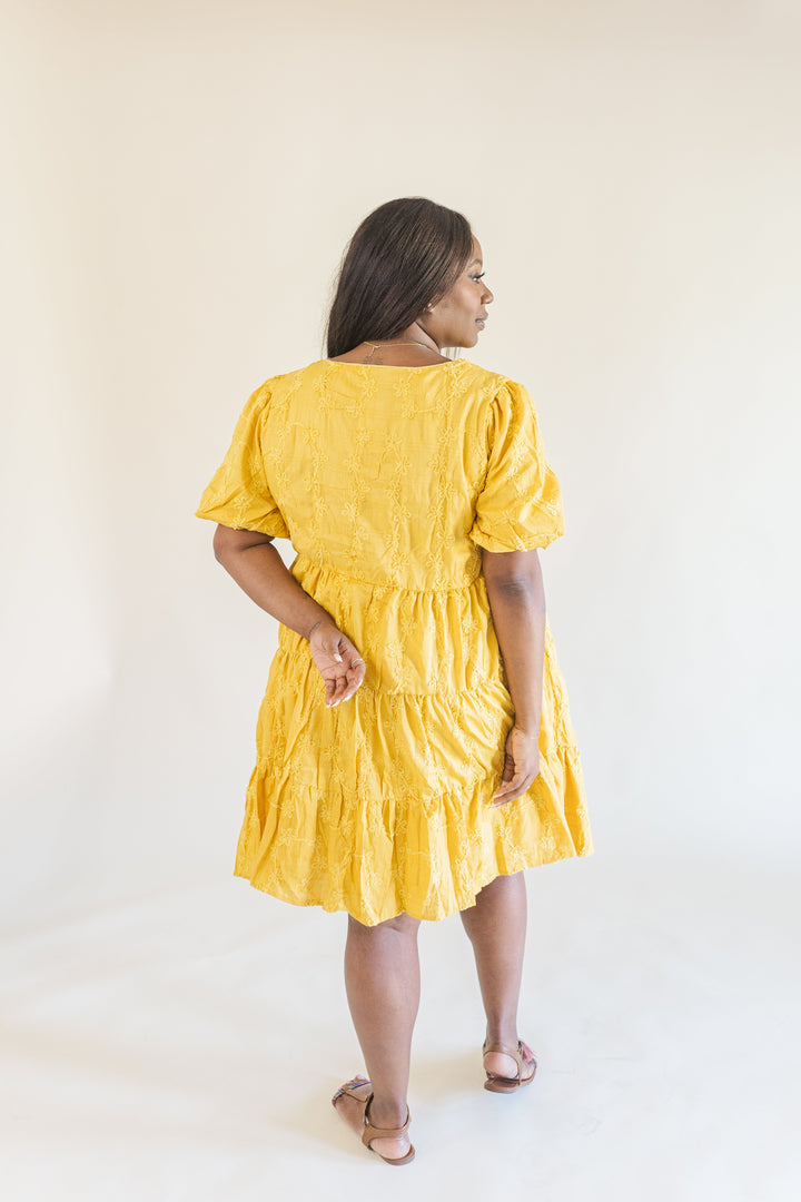 Raine Short Sleeve Embroidered Tiered Dress in Mustard