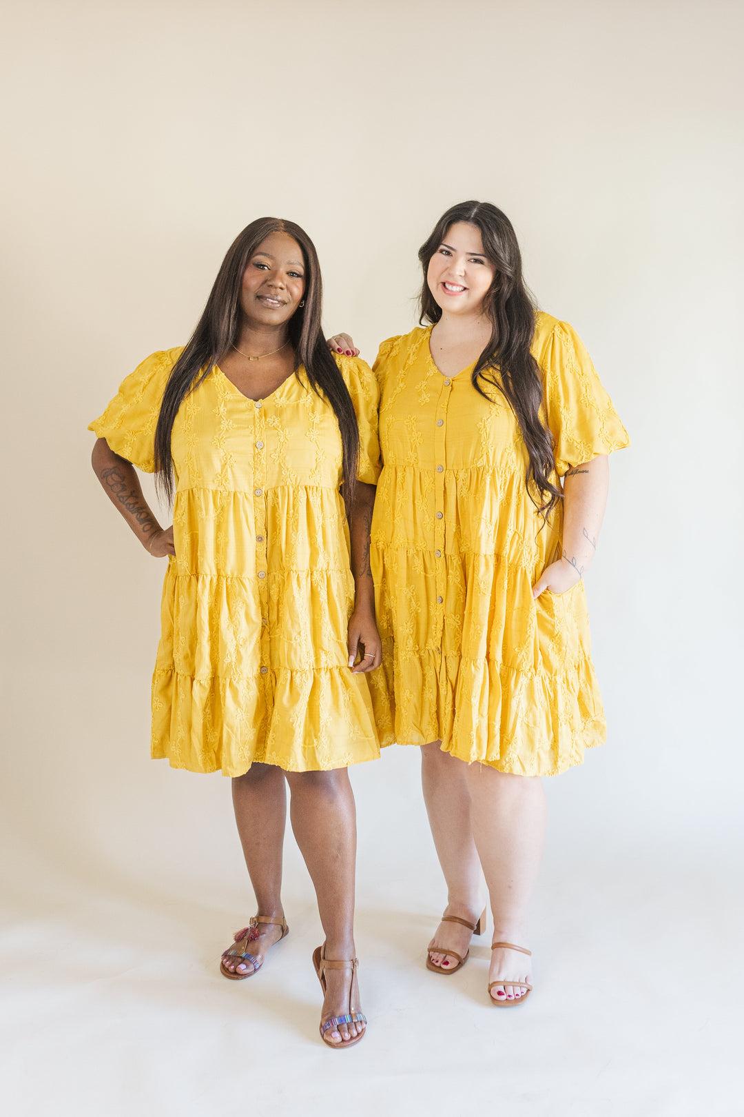 Raine Short Sleeve Embroidered Tiered Dress in Mustard Ari + Ava Raine Short Sleeve Embroidered Tiered Dress in Mustard Ari + Ava