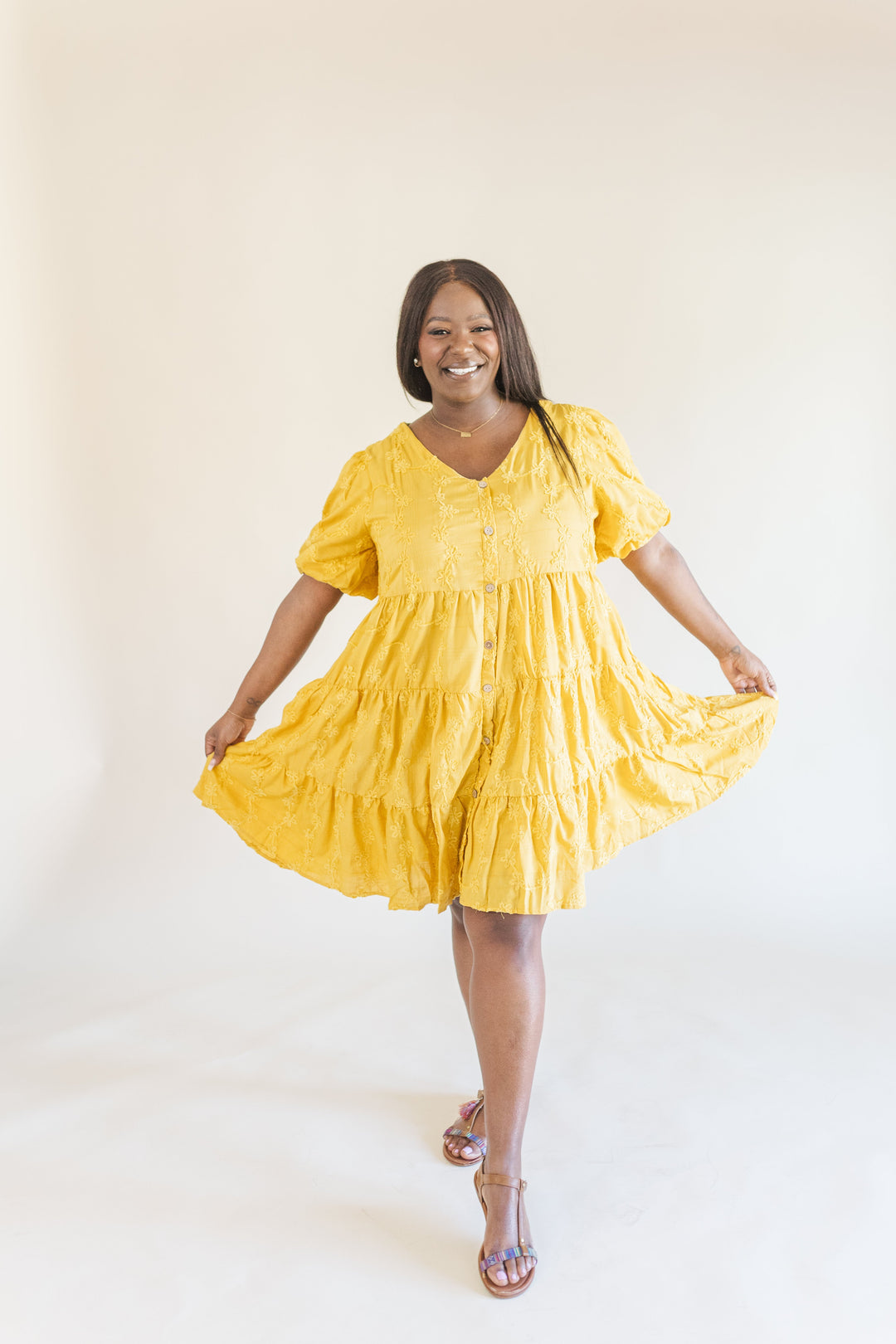 Raine Short Sleeve Embroidered Tiered Dress in Mustard Ari + Ava Raine Short Sleeve Embroidered Tiered Dress in Mustard Ari + Ava