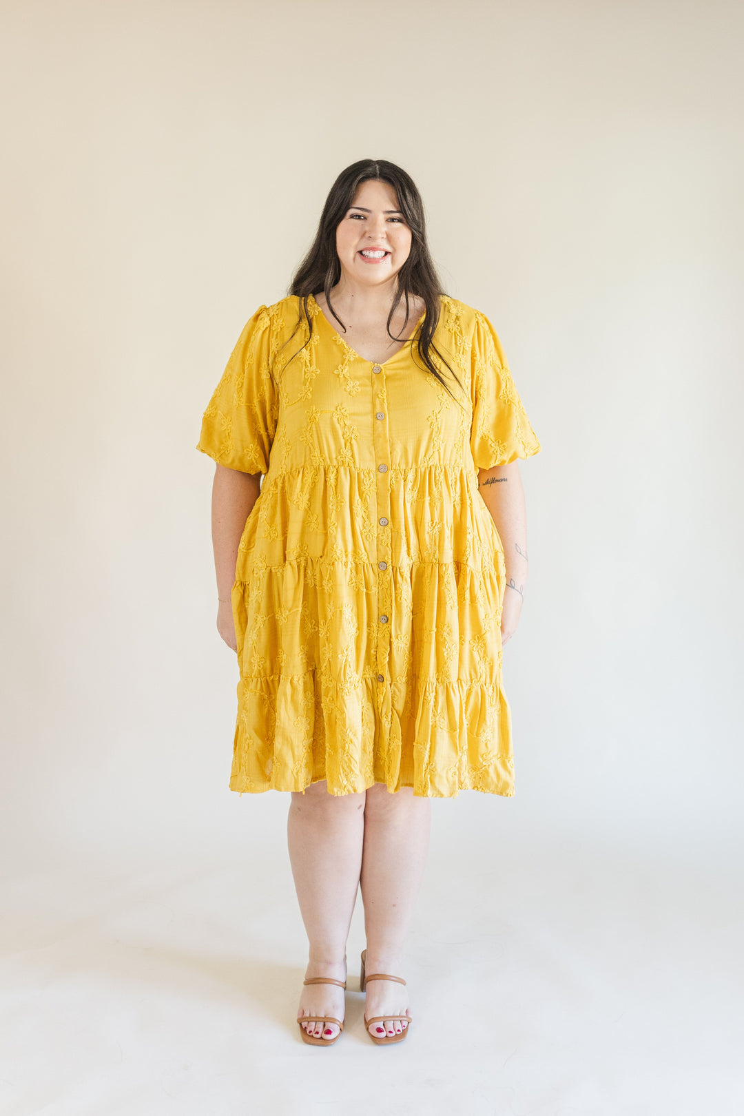 Raine Short Sleeve Embroidered Tiered Dress in Mustard
