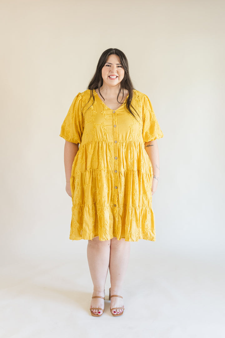 Raine Short Sleeve Embroidered Tiered Dress in Mustard