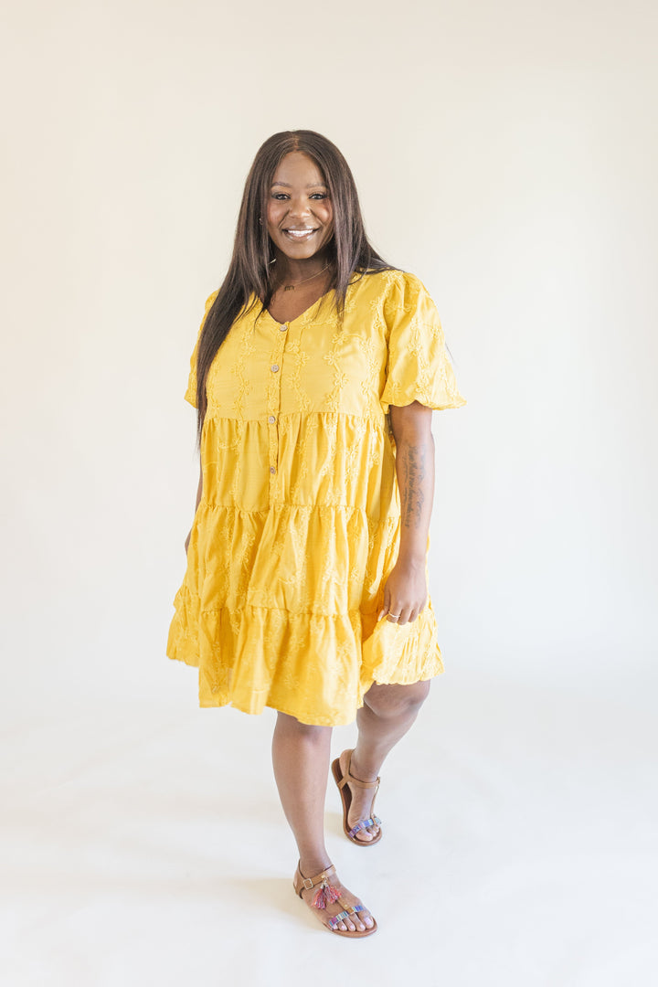 Raine Short Sleeve Embroidered Tiered Dress in Mustard