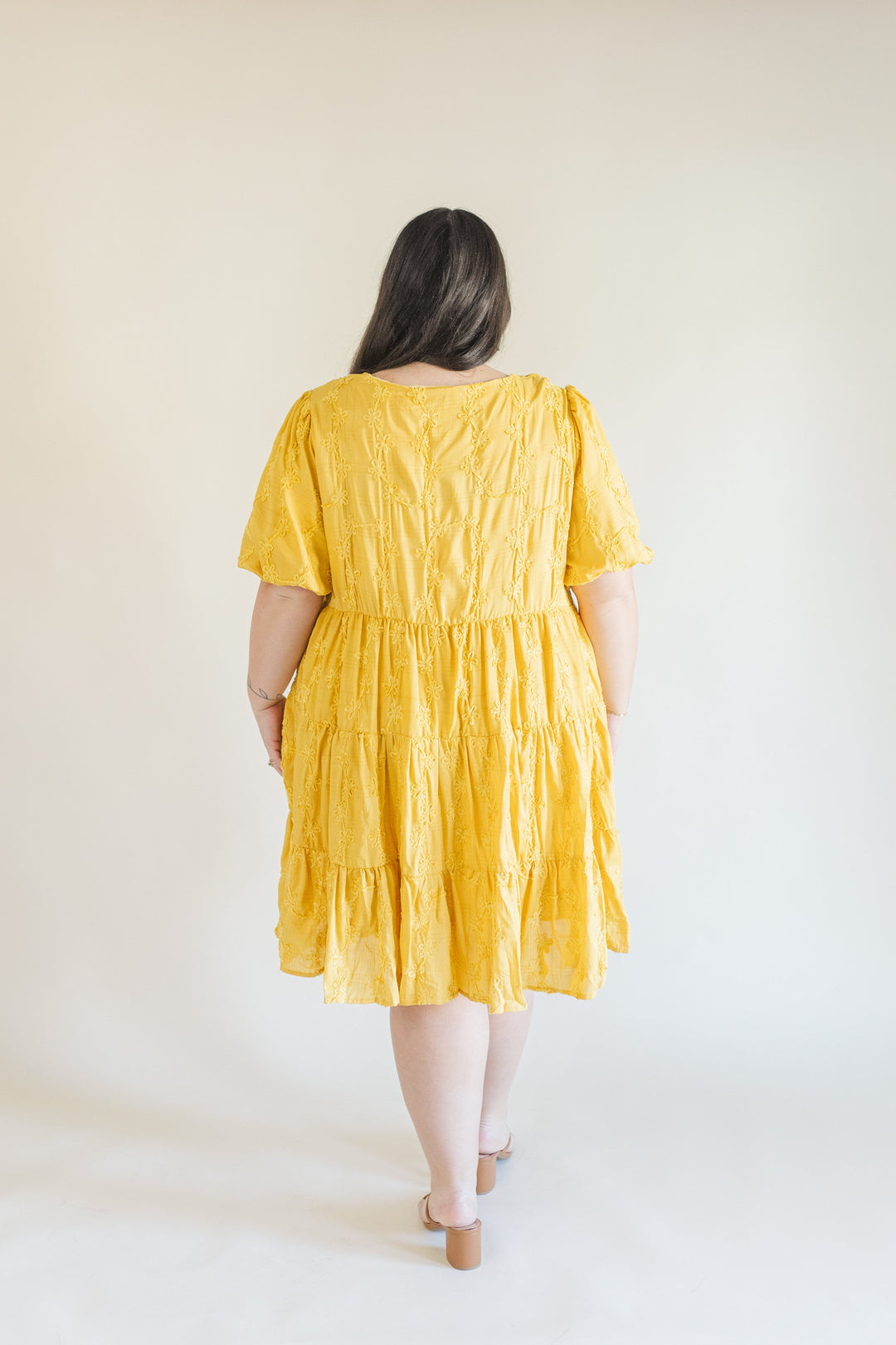 mustard embroidered dress Mustard Floral Embroidered Cotton Dress with Button Closure & Cotton L