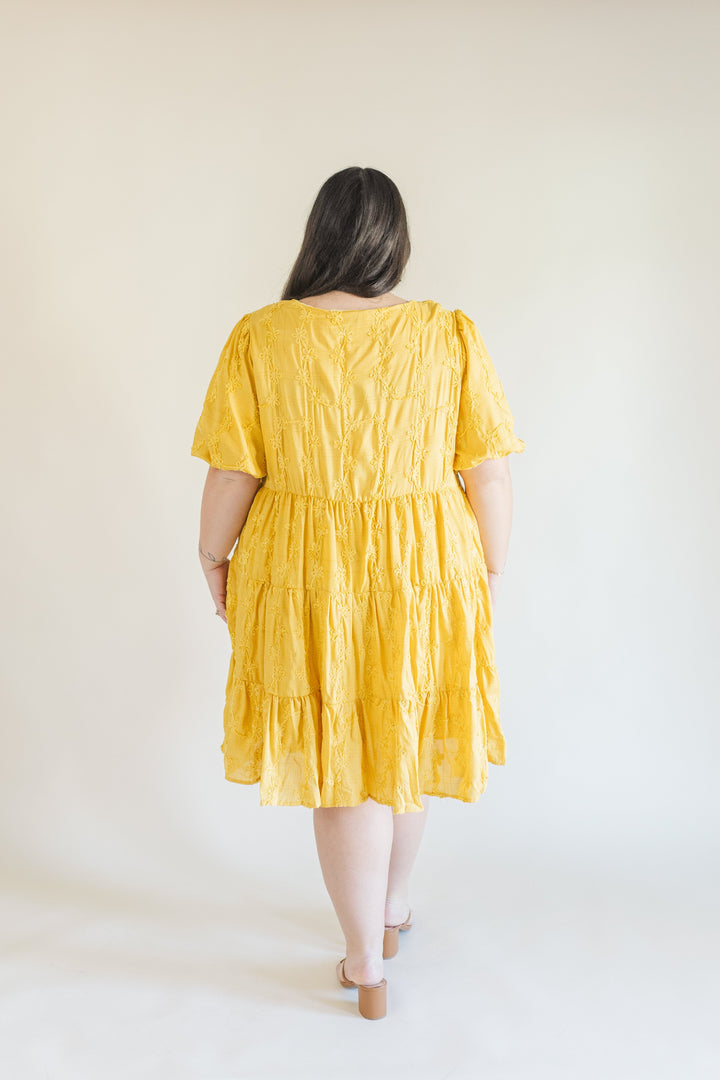 Raine Short Sleeve Embroidered Tiered Dress in Mustard