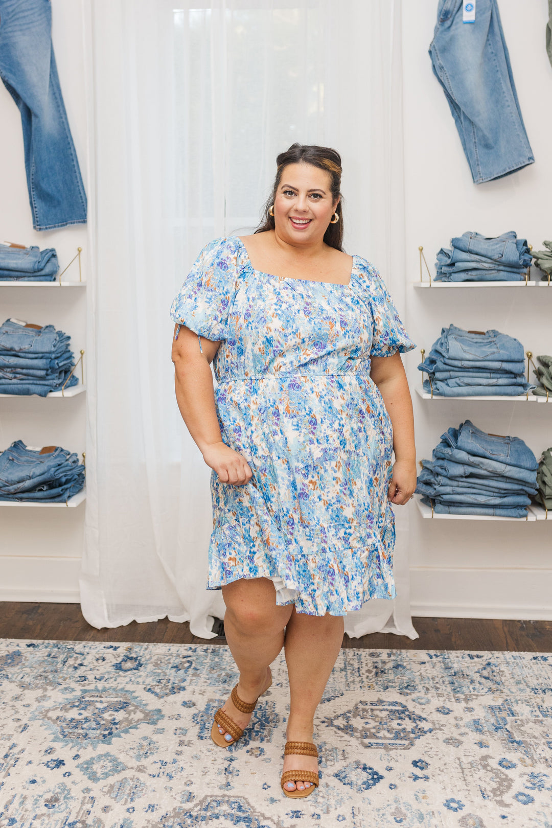 Riley Floral Cinch Waist Smocked Back Dress in Blue Riley Floral Cinch Waist Smocked Back Dress in Blue