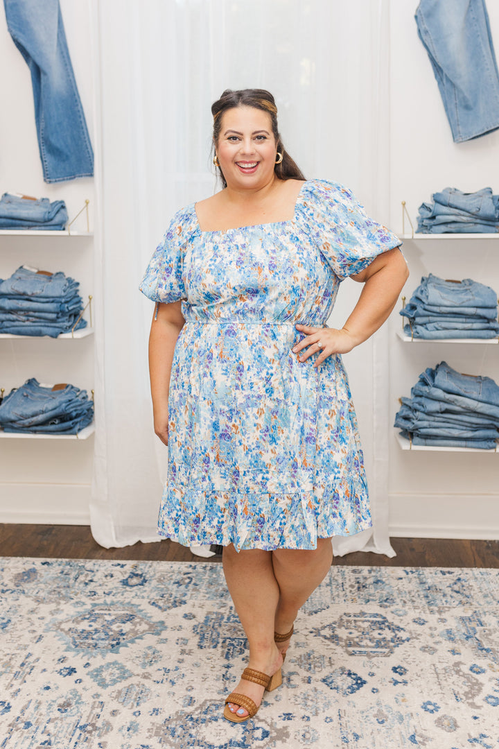 Riley Floral Cinch Waist Smocked Back Dress in Blue