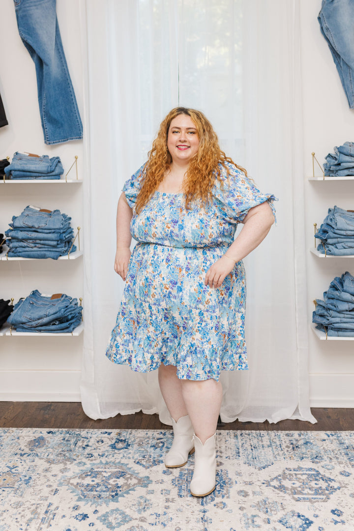 Riley Floral Cinch Waist Smocked Back Dress in Blue