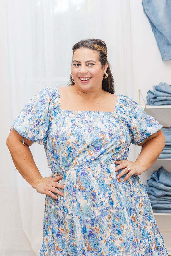 Riley Floral Cinch Waist Smocked Back Dress in Blue