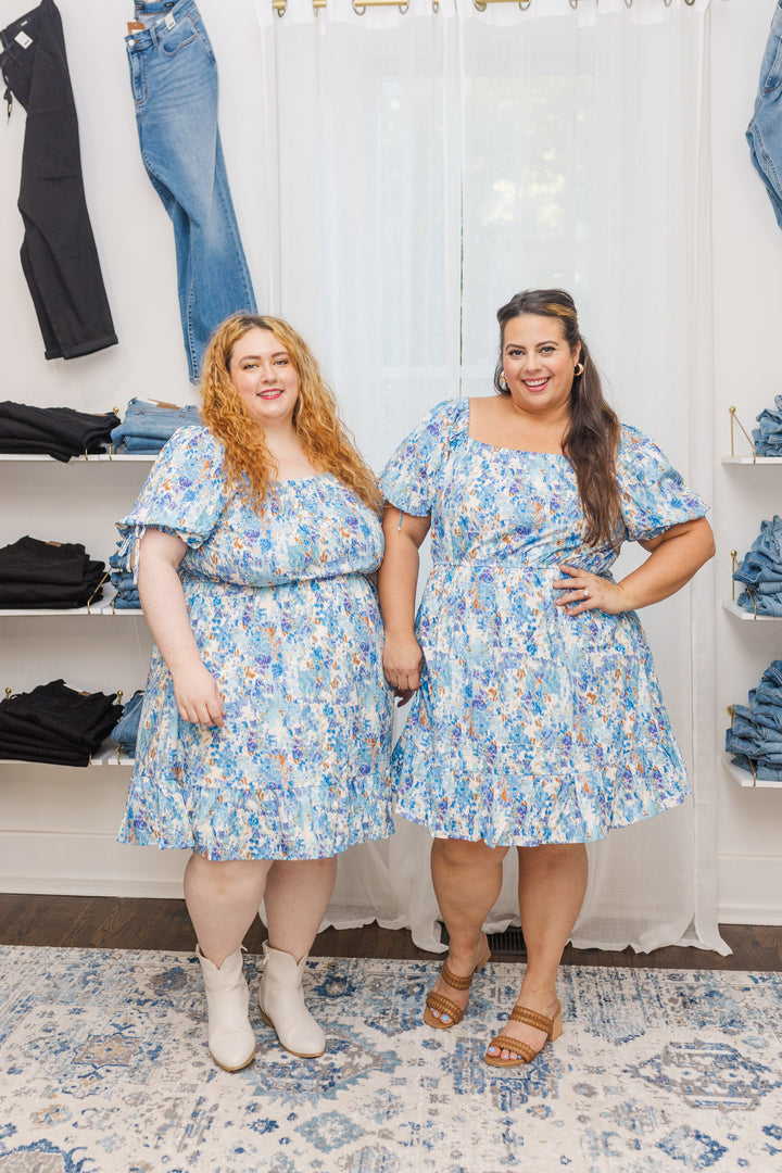 Riley Floral Cinch Waist Smocked Back Dress in Blue