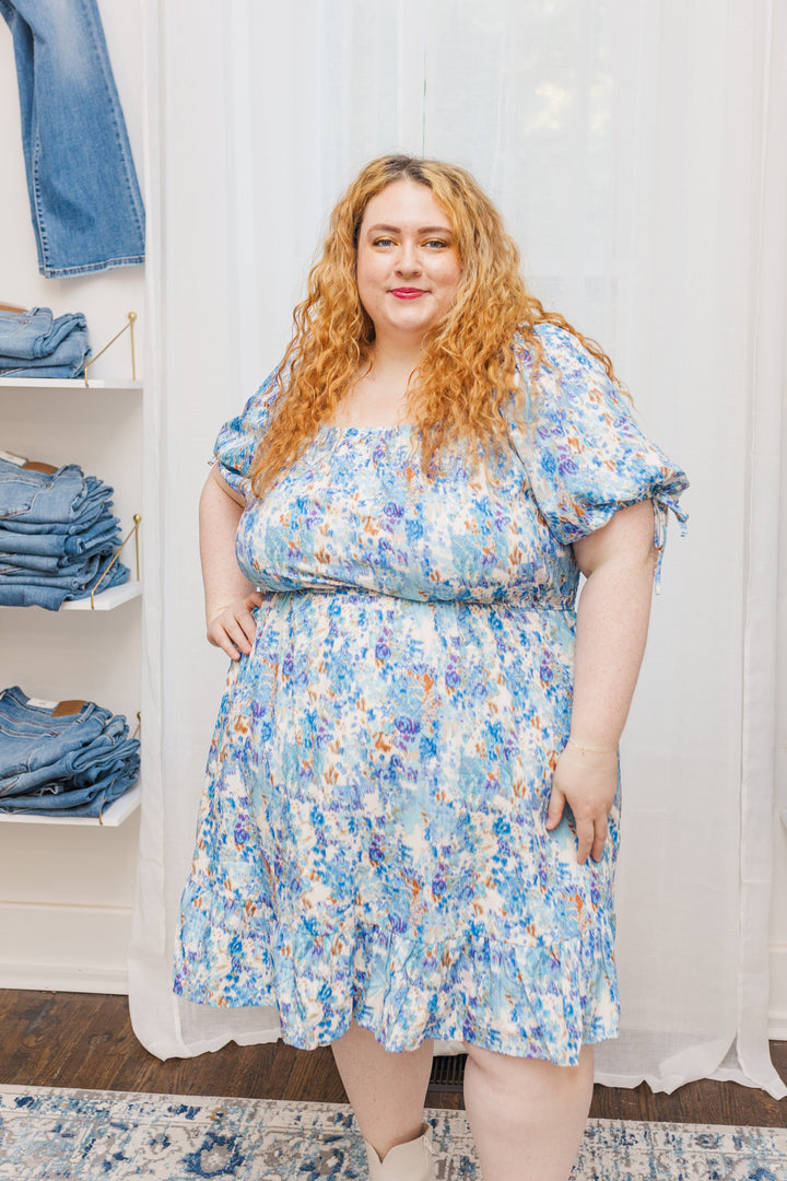 Riley Floral Cinch Waist Smocked Back Dress in Blue