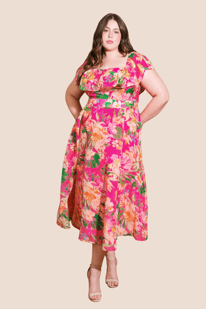 Rosalie Ruffle Sleeve Midi Dress in Pink - FINAL SALE