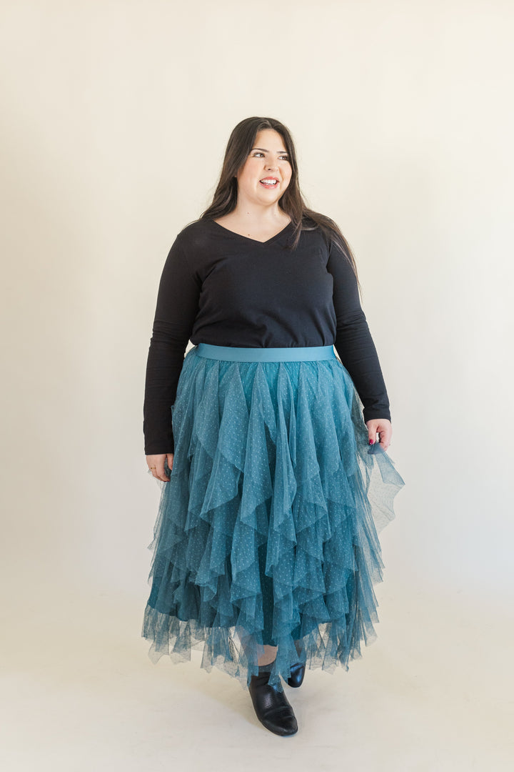 Sabrina Ruffle Trim Mesh Skirt in Teal