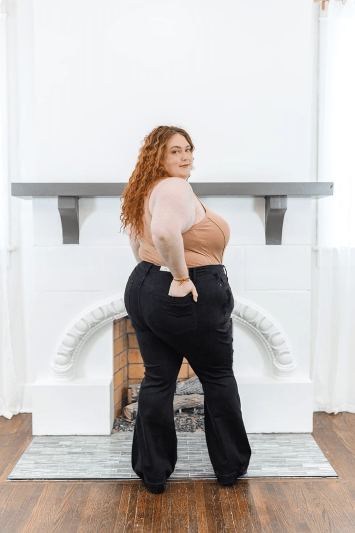 Samantha High Waist Flair Distressed Tummy Control Judy Blue Jeans in Black - FINAL SALE