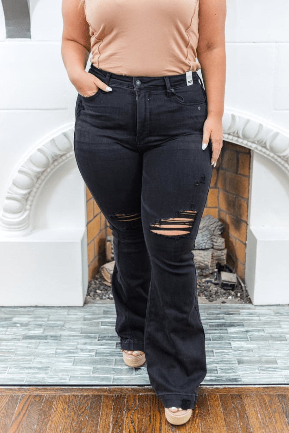 Samantha High Waist Flair Distressed Tummy Control Judy Blue Jeans in Black - FINAL SALE