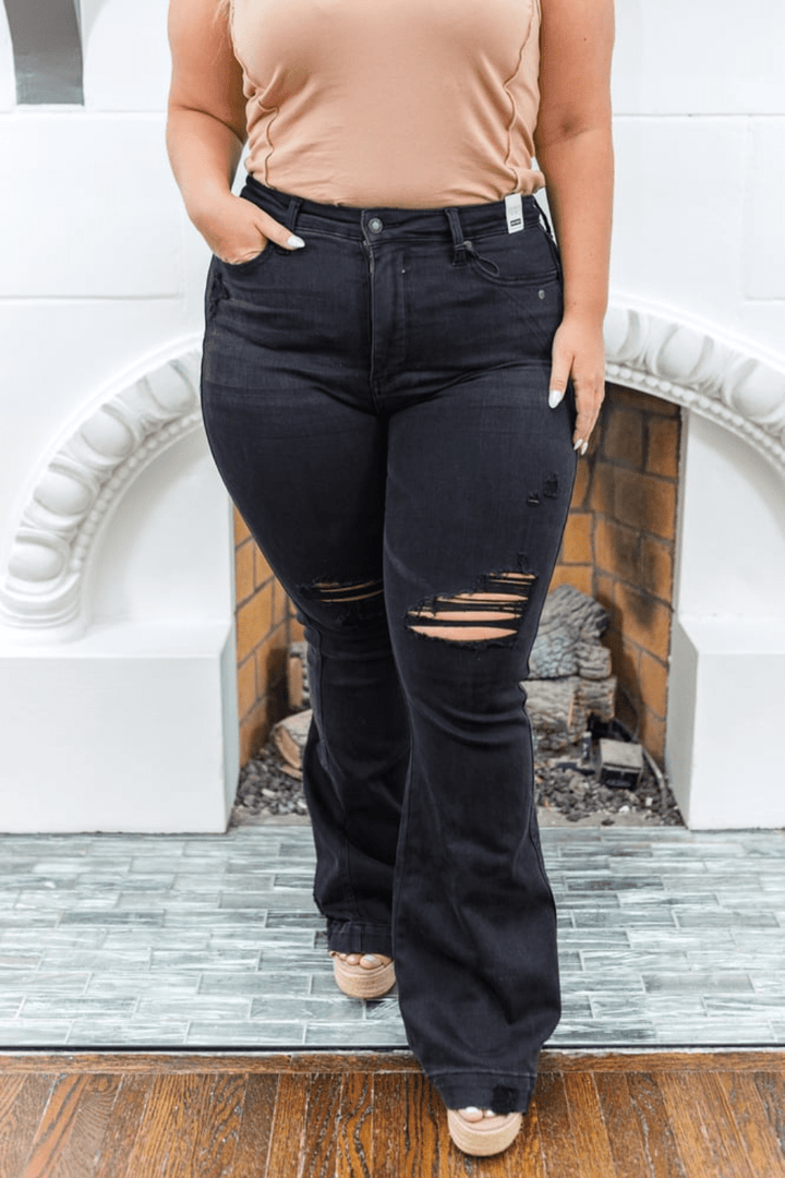 Samantha High Waist Flair Distressed Tummy Control Judy Blue Jeans in Black - FINAL SALE