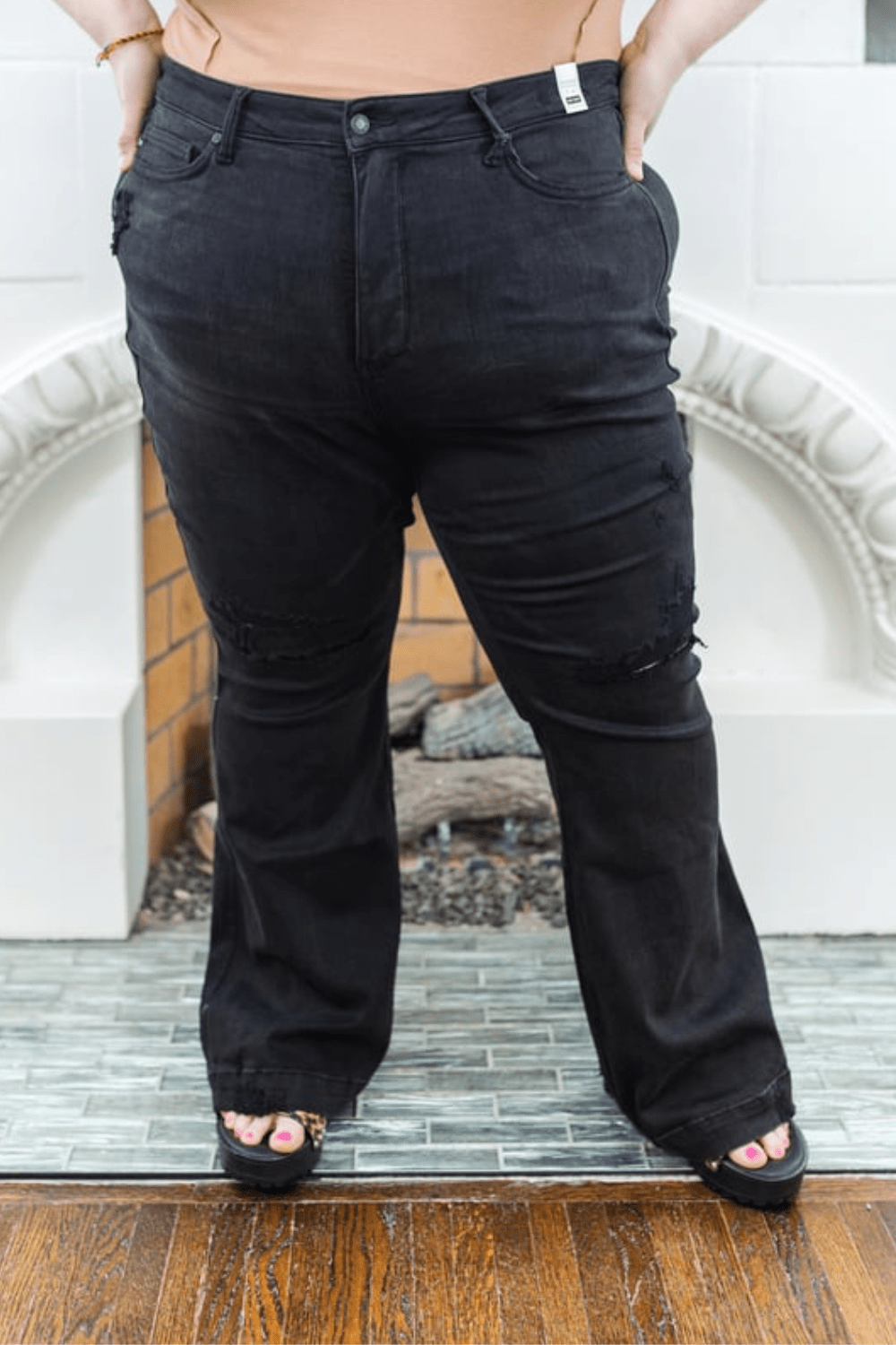 Samantha High Waist Flair Distressed Tummy Control Judy Blue Jeans in Black - FINAL SALE