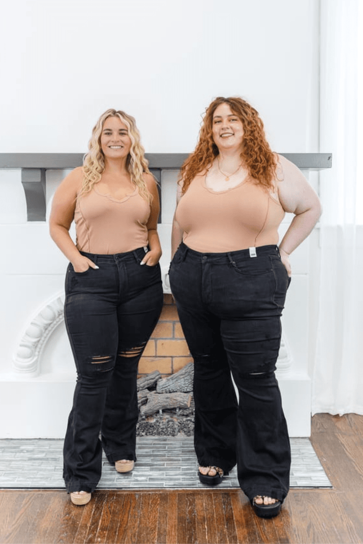 Samantha High Waist Flair Distressed Tummy Control Judy Blue Jeans in Black - FINAL SALE