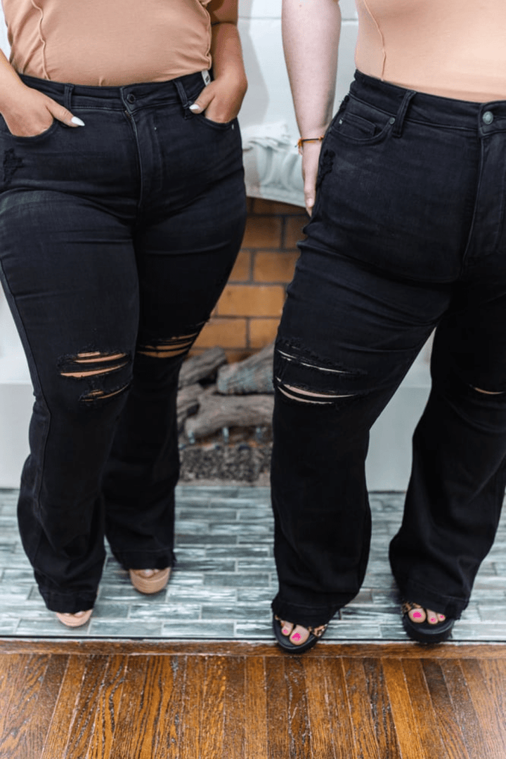 Samantha High Waist Flair Distressed Tummy Control Judy Blue Jeans in Black - FINAL SALE