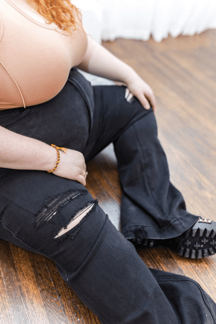 Samantha High Waist Flair Distressed Tummy Control Judy Blue Jeans in Black - FINAL SALE