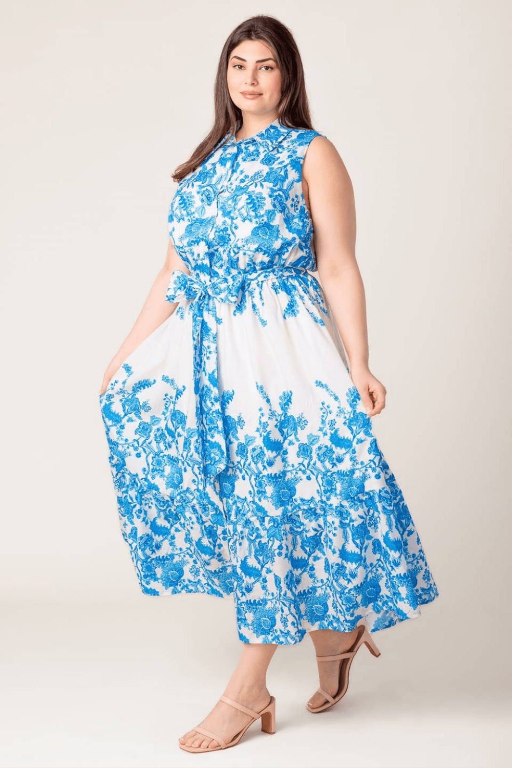 Talia Sleeveless Floral Midi Dress in Blue