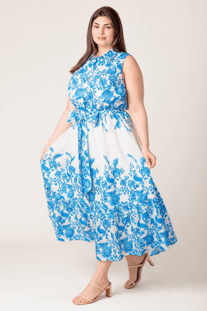Talia Sleeveless Floral Midi Dress in Blue