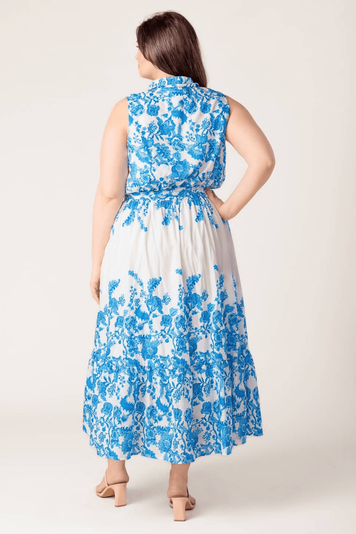 Talia Sleeveless Floral Midi Dress in Blue