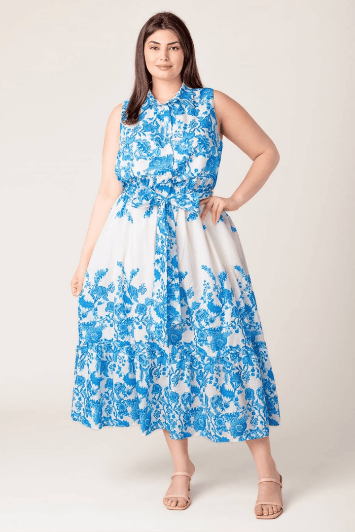 Talia Sleeveless Floral Midi Dress in Blue