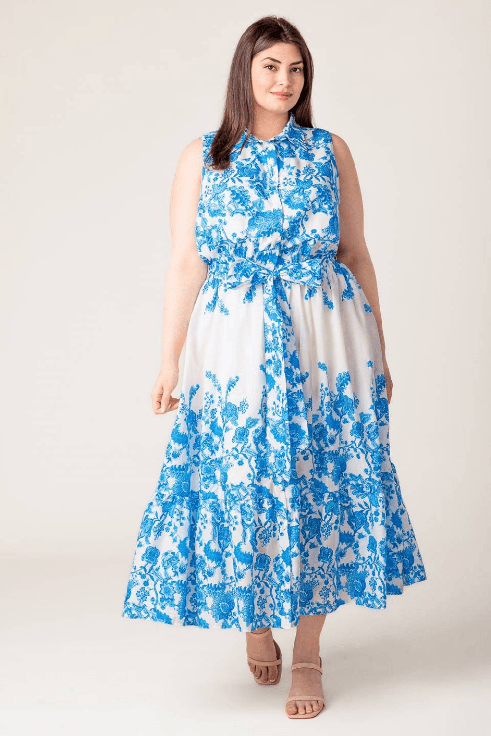 Talia Sleeveless Floral Midi Dress in Blue