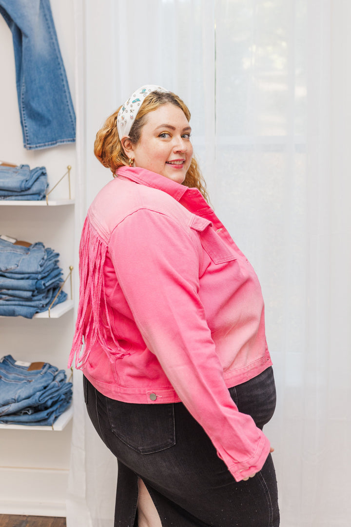 Tyla Cropped Rhinestone Denim Jacket With Fringe Detail