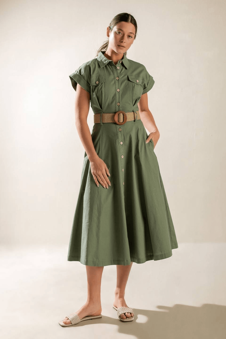 Winona Midi Dress with Belt in Olive - FINAL SALE