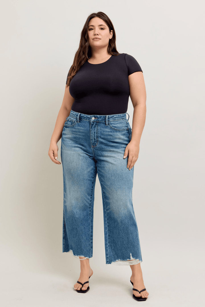 Wren High Waisted Rigid Magic Distressed Crop Wide Leg Judy Blue Jeans
