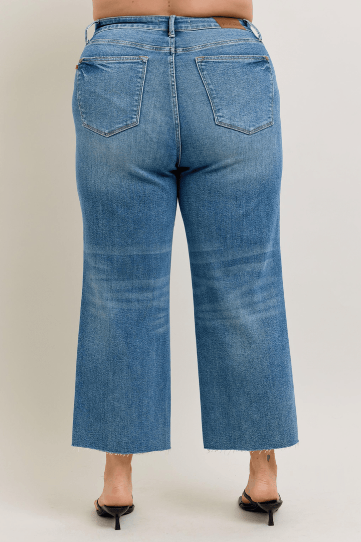 Wren High Waisted Rigid Magic Distressed Crop Wide Leg Judy Blue Jeans